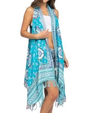 Raj Turquoise Multi-Pattern Fringe Kimono Vest V-4